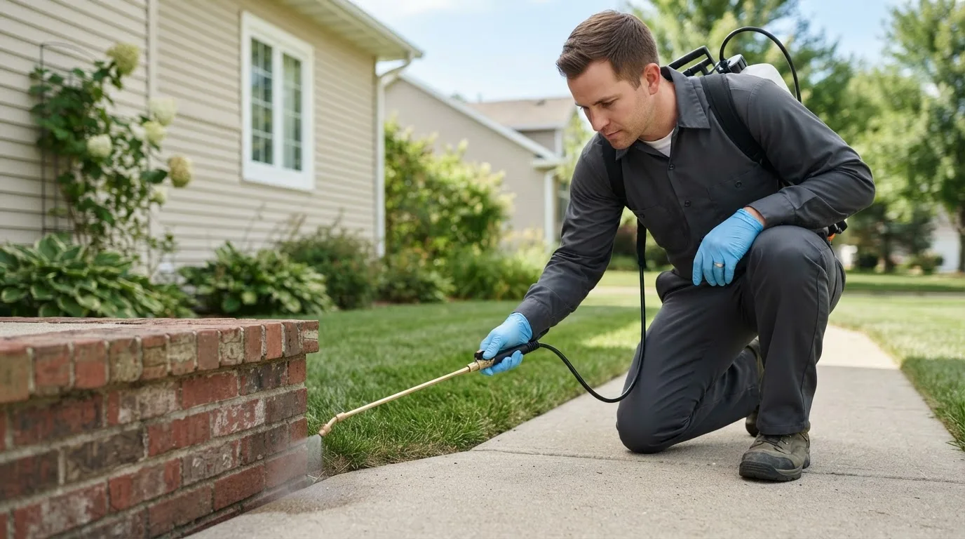 Pest control technician treating a home near Redvale, CO