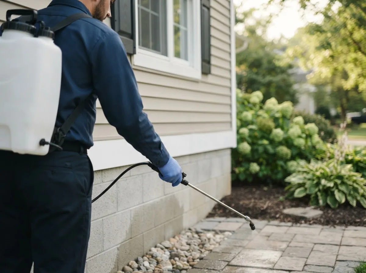 Pest control technician inspecting a home in Redvale, CO